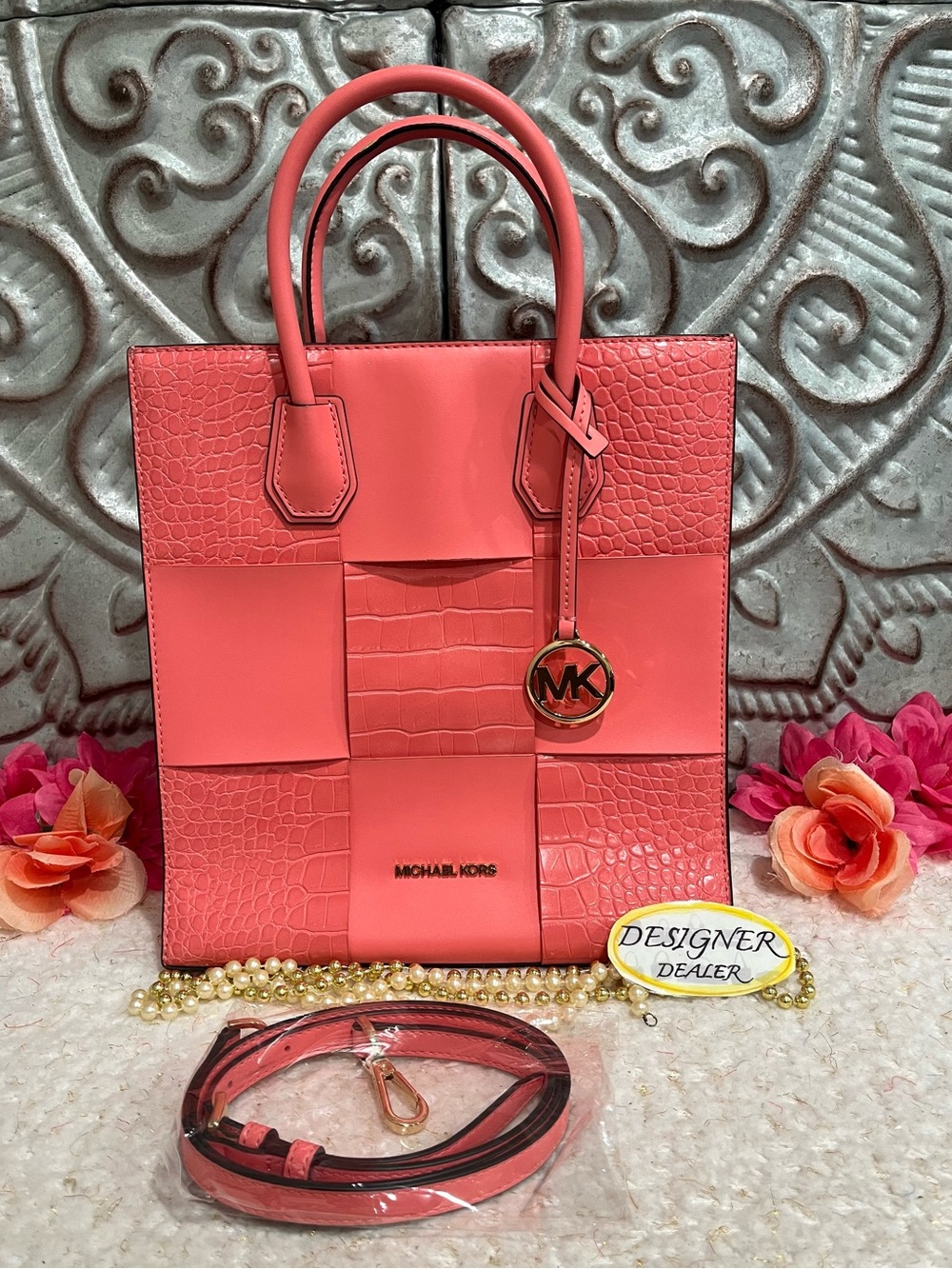MICHAEL KORS Mercer Medium Woven Shopper Tote Grapefruit PRESTINE!💎💎